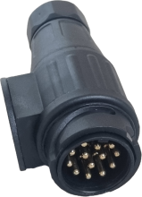 13-poliger Anhängerstecker 12 V im Jäger-System. Drehbar, mit Bajonettverschluss, Schraubanschluss, Zugentlastung und Tülle für 2 Kabel.